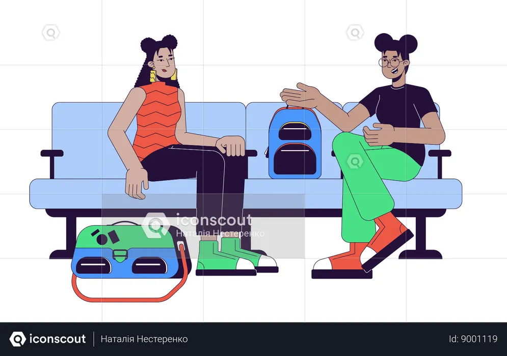 Female friends passenger sitting and talking  Illustration
