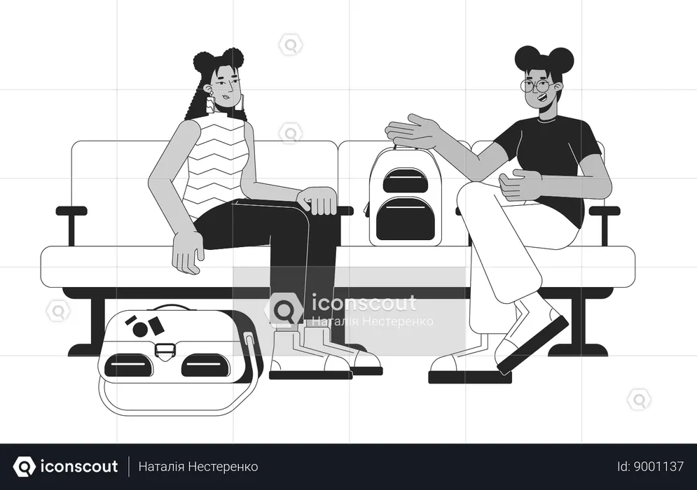 Female friends passenger sitting and talking  Illustration