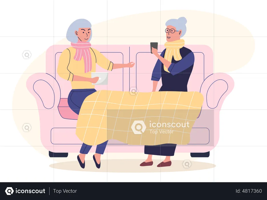 Female friends sitting on couch with smartphone and tablet  Illustration