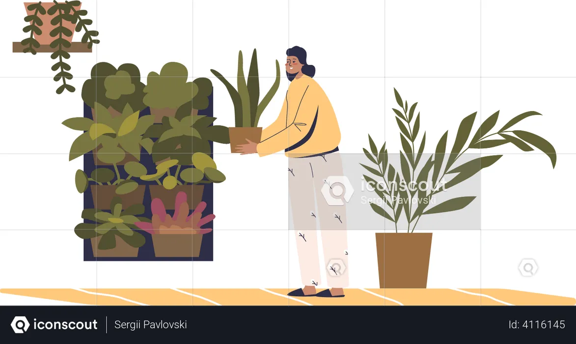Female gardener caring for plants in pot  Illustration