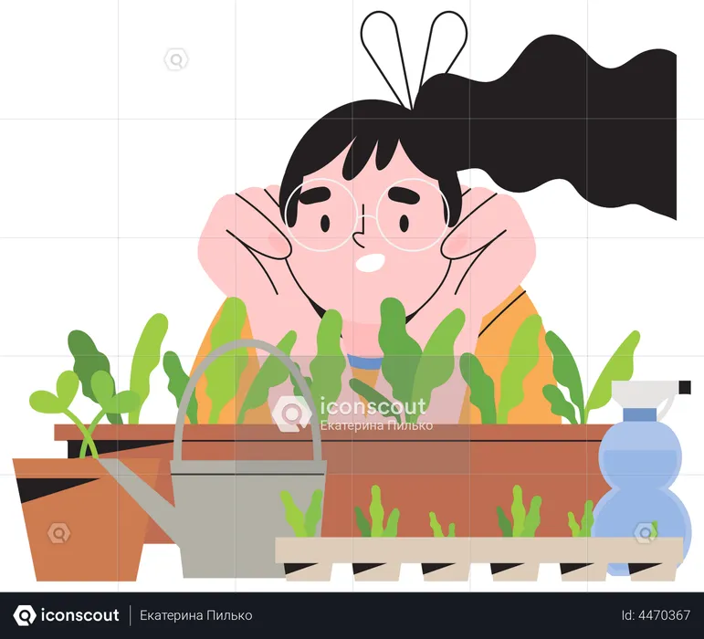 Female gardener growing plants  Illustration