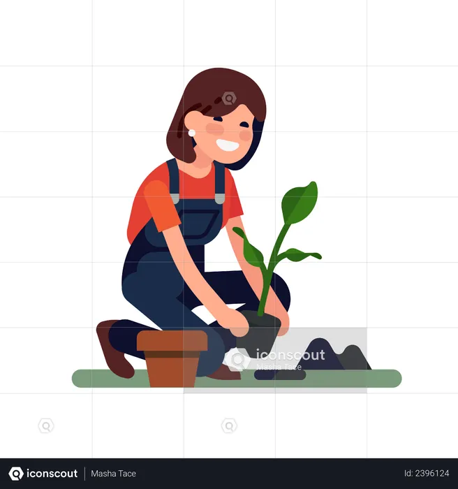 Female gardener is planting a small plant into the ground  Illustration