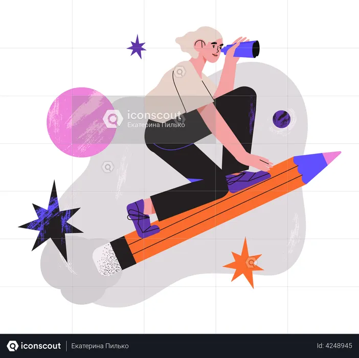 Female Graphic Designer riding on pencil  Illustration