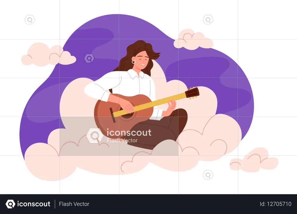 Female guitarist sitting on clouds with good vibe of music  Illustration