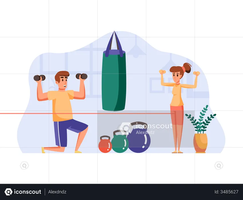 Female gym trainer giving instruction to male client  Illustration