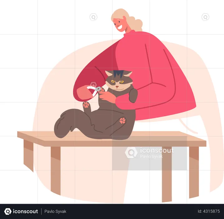 Female hairdresser cutting cat hairs  Illustration