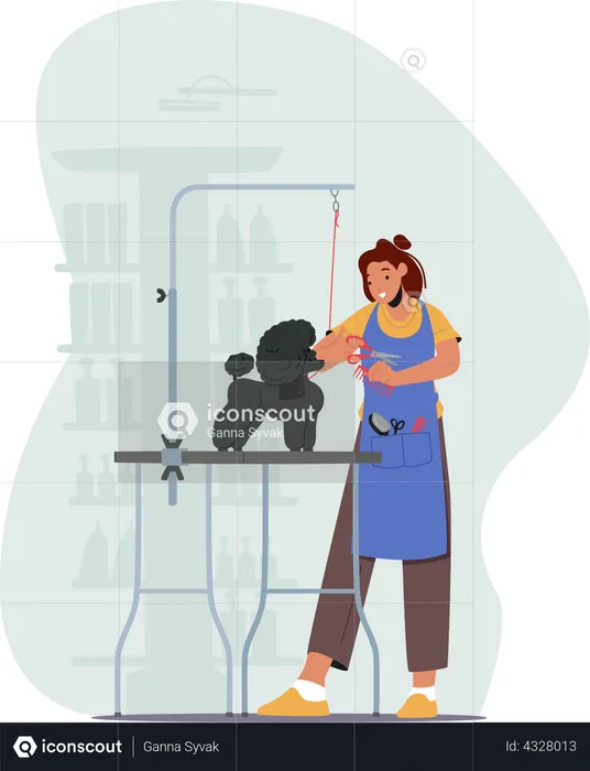 Female hairdresser cutting dog hairs  Illustration