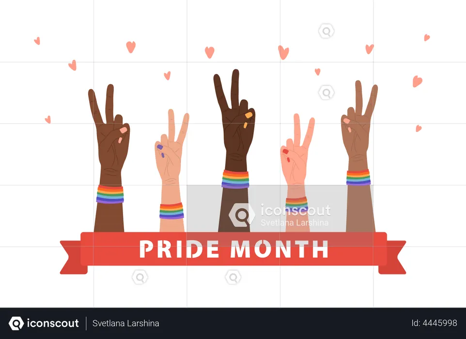 Female hand in peace gesture with rainbow bands  Illustration