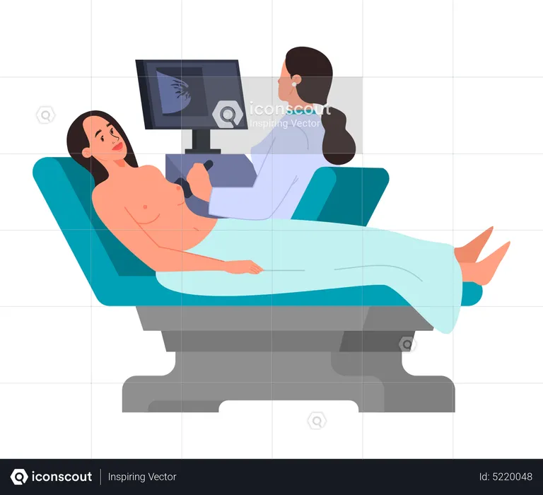 Female having a breast cancer diagnostic ultrasound procedure  Illustration