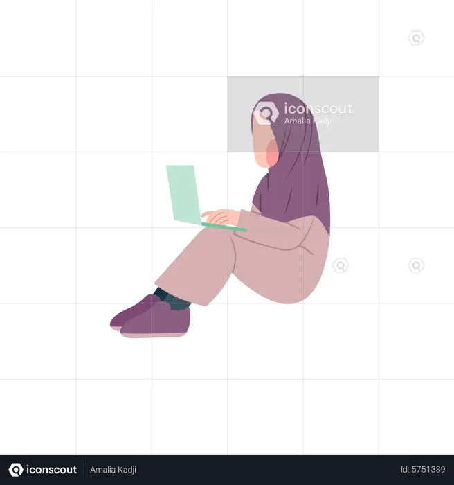 Female Hijab Student learning online on laptop  Illustration