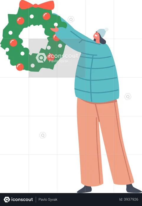 Female Hold Festive Xmas Wreath Made of Spruce Branches  Illustration