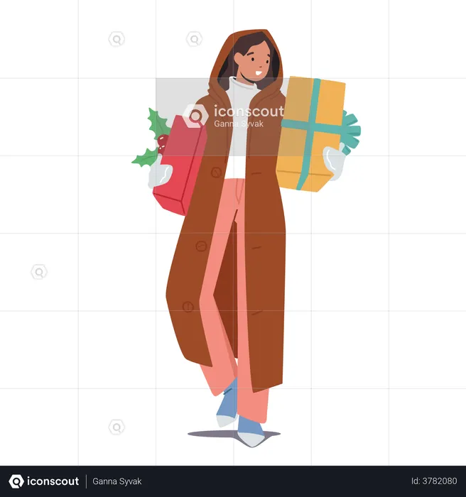Female Holding Presents For Winter Holidays Celebration  Illustration