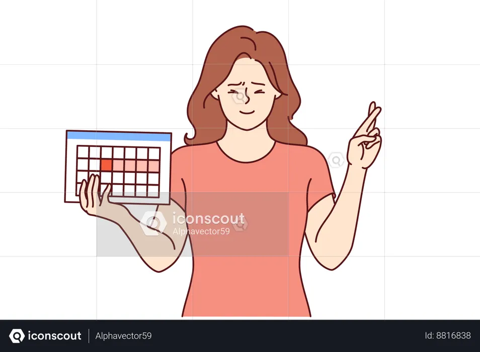 Female hormonal calendar in hands of girl crossing fingers in hope of successfully conceiving child  Illustration