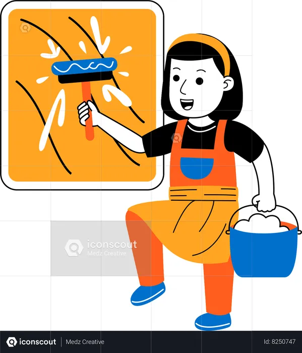 Female house cleaner washing window  Illustration