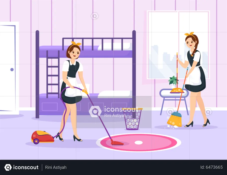 Female housekeeper cleaning bedroom  Illustration