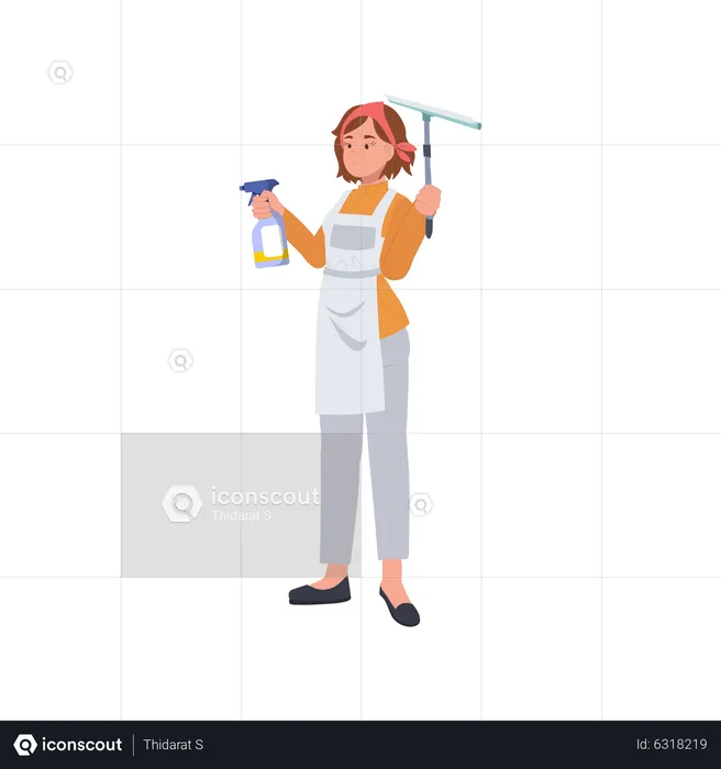 Female housekeeper holding spray and glass Wiper  Illustration