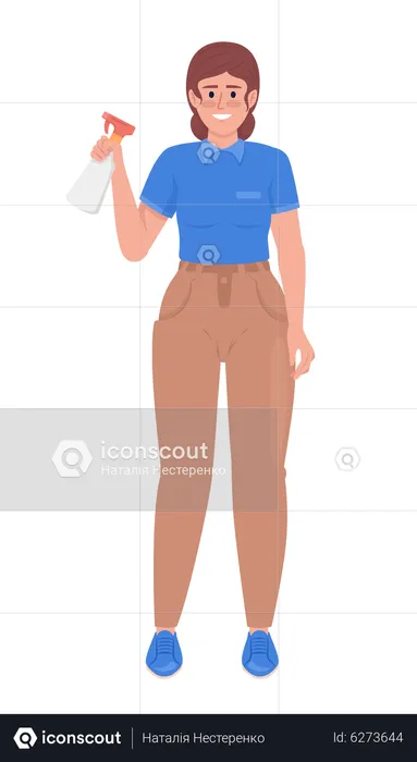 Female housekeeper in uniform holding spray bottle  Illustration