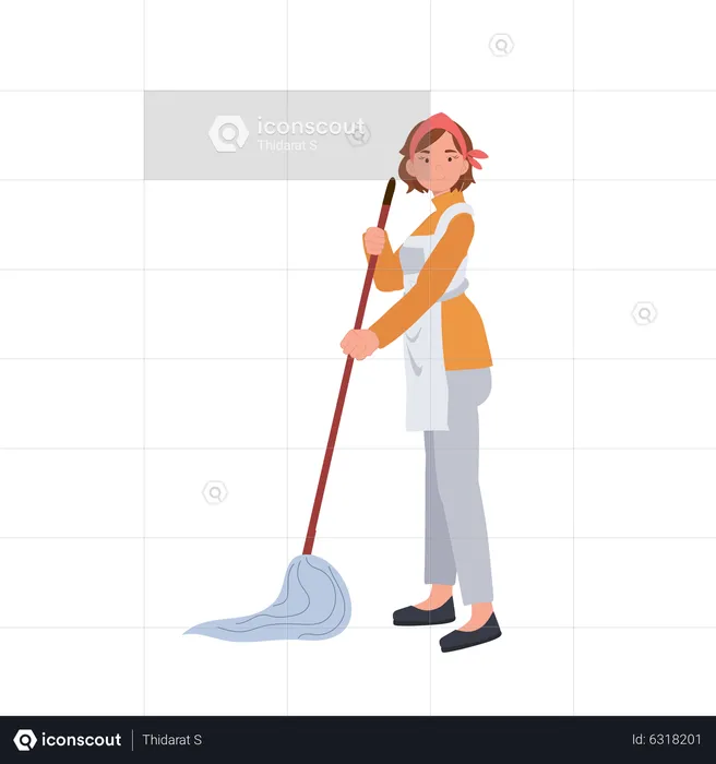 Female housekeeper mop floor  Illustration