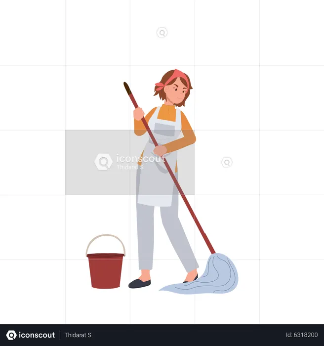 Female housekeeper mopping floor  Illustration