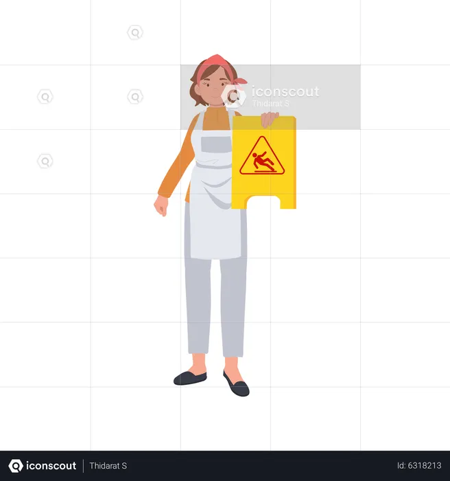 Female housekeeper showing caution wet floor sign  Illustration