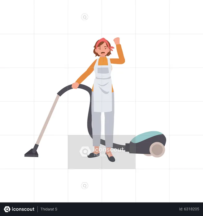 Female housekeeper vacuuming floor  Illustration