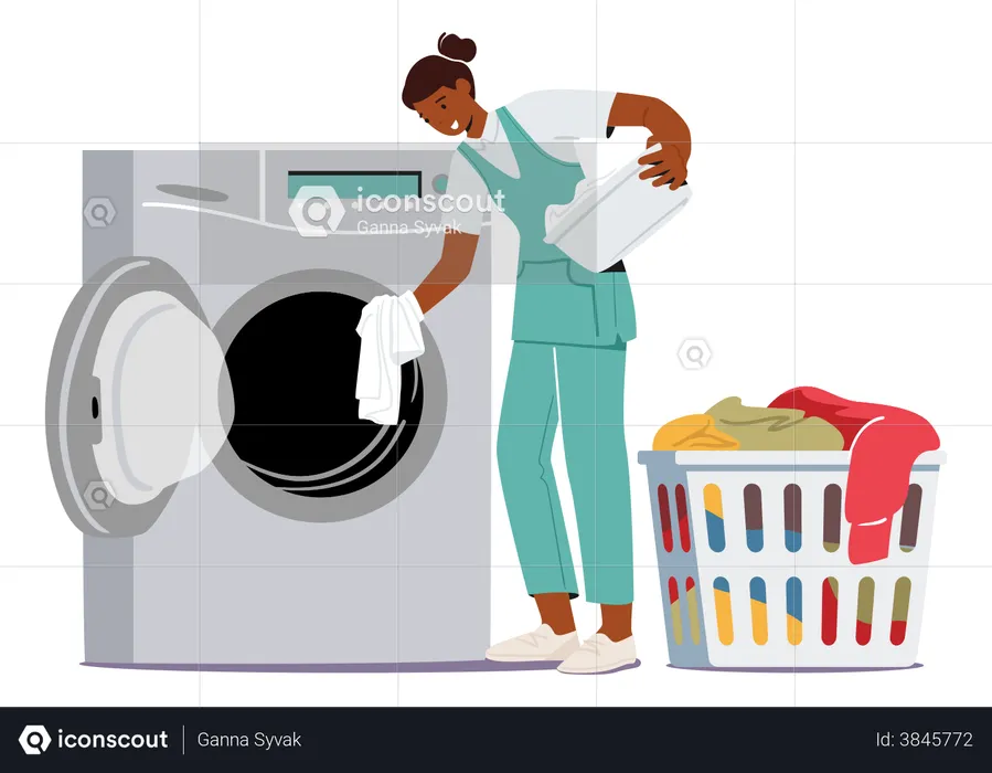 Female housekeeper washing clothes in washing machine  Illustration