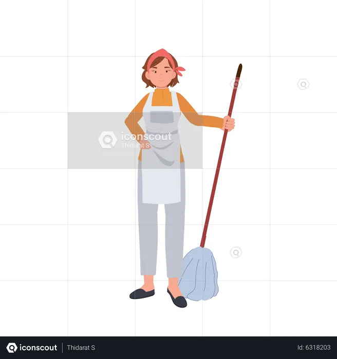 Female housekeeper with broom  Illustration