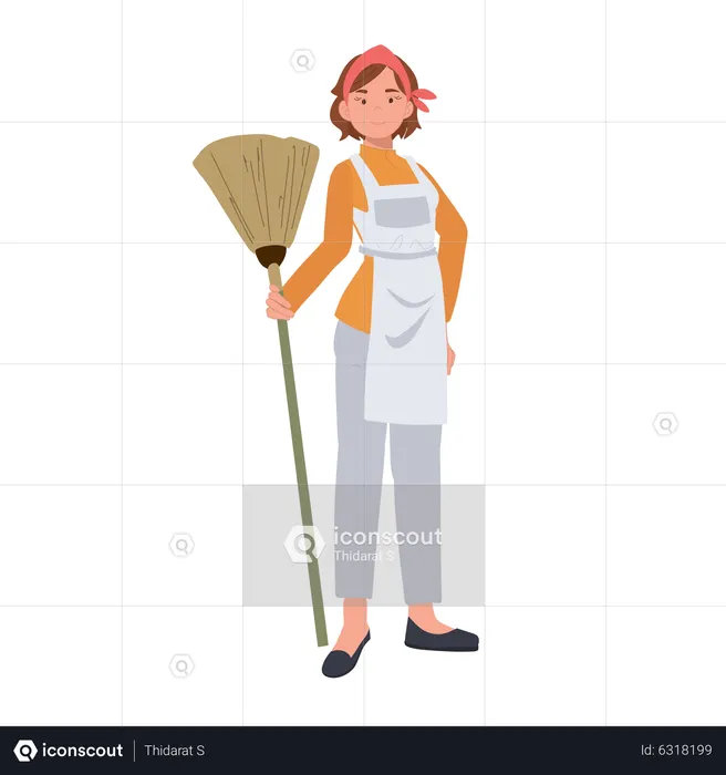Female housekeeper with broomstick  Illustration