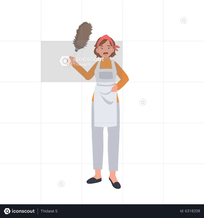 Female housekeeper with dust removal stick  Illustration