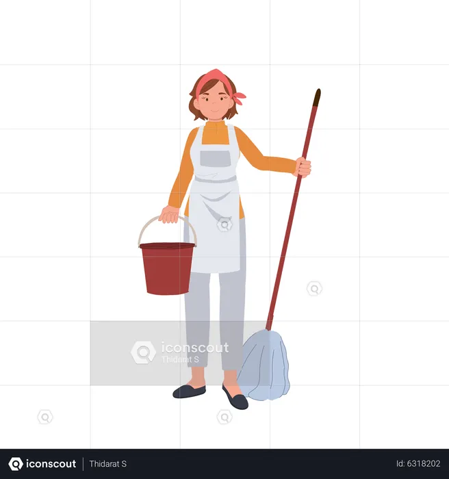 Female housekeeper with mop and bucket  Illustration