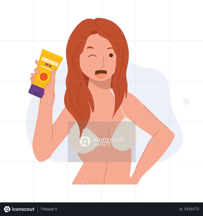 Female in bikini showing sun protection product  Illustration
