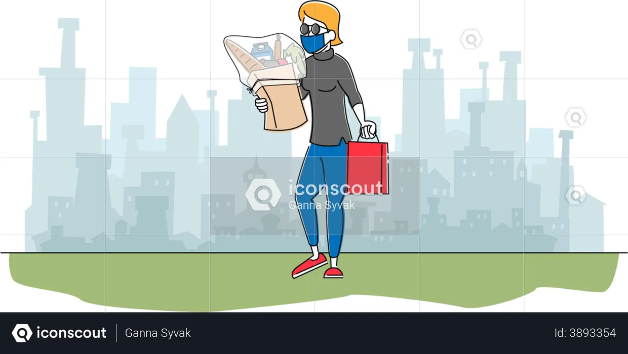 Female in Protective Mask Walking from Store with Grocery Products in Paper Bag  Illustration