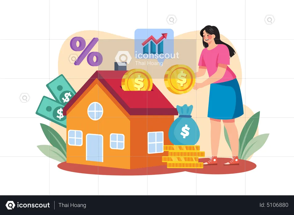 Female investing finance in home  Illustration