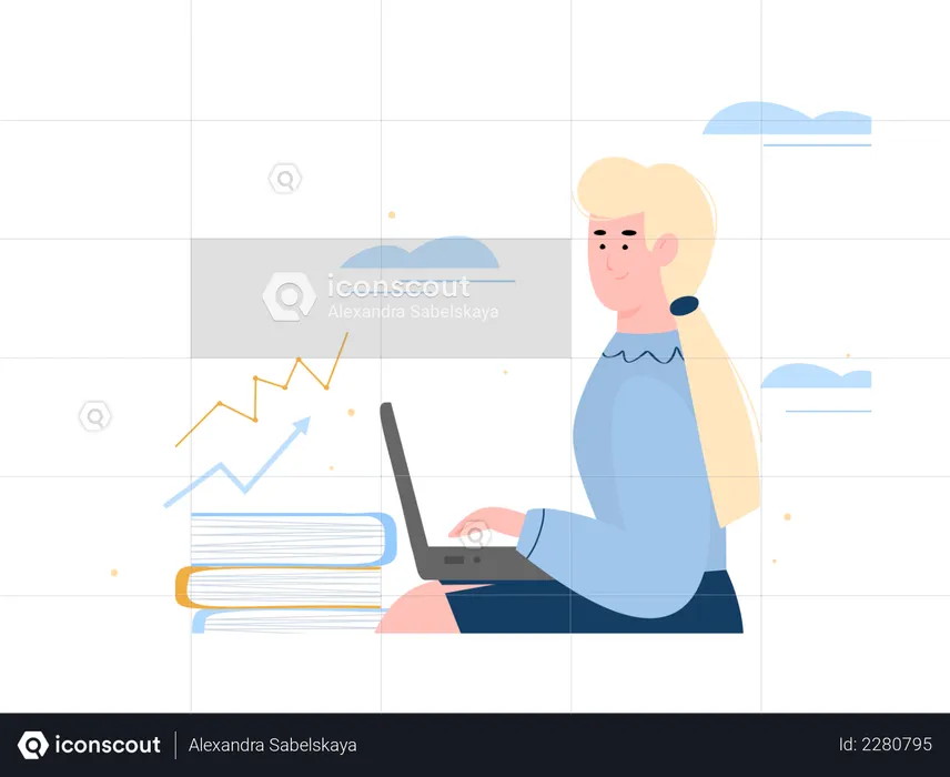 Female investor doing trading using her laptop  Illustration