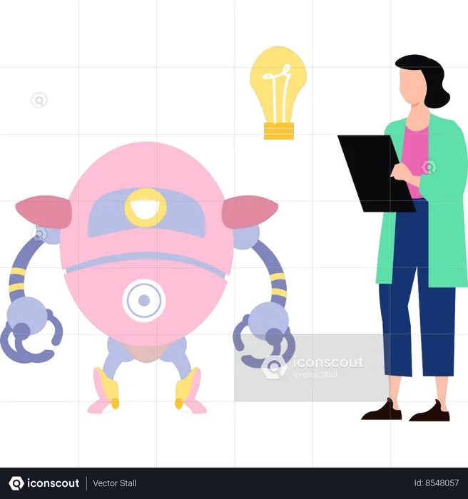 Female is checking robot's settings  Illustration