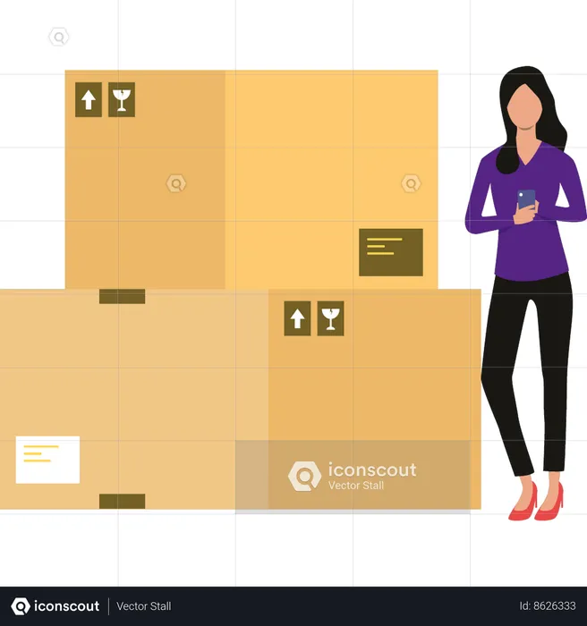 Female is standing next to the cardboard boxes  Illustration