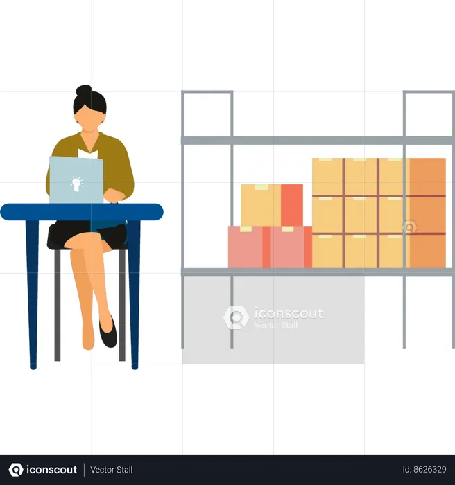 Female is working on laptop for industrial boxes  Illustration
