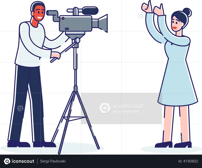 Female journalist reporter filming news with cameraman  Illustration