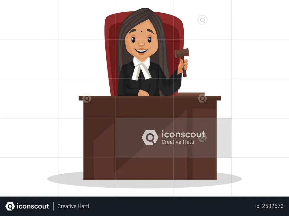 Female Judge sitting in courtroom holding hammer in hand  Illustration
