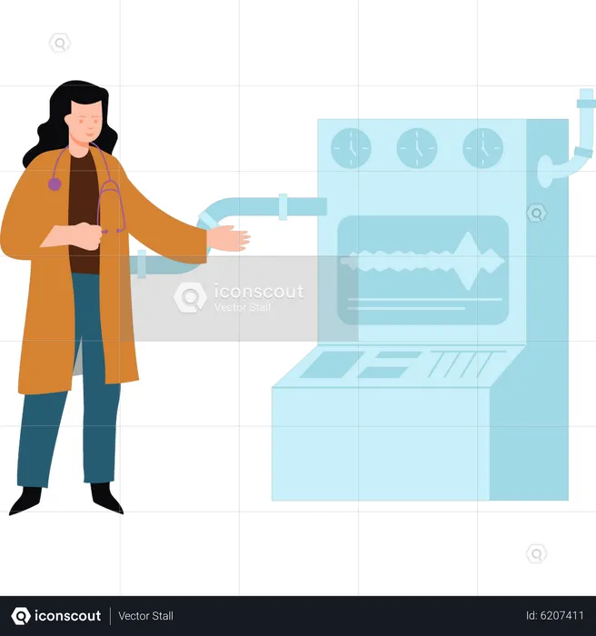 Female lab assistant showing lab machine  Illustration