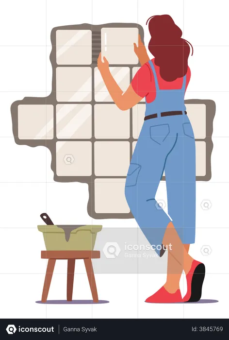 Female labor fixing tiles on wall  Illustration