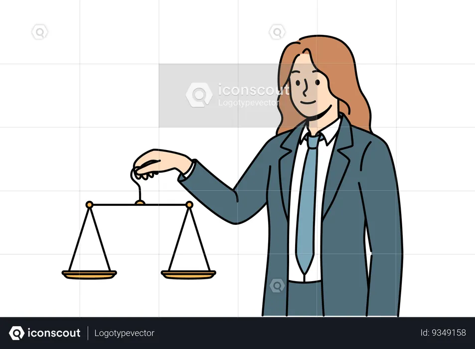 Female lawyer holds scale in hand and listening to arguments of parties for fair and legal decision  Illustration