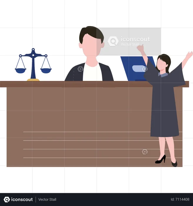 Female lawyer is standing in court talking to a judge  Illustration