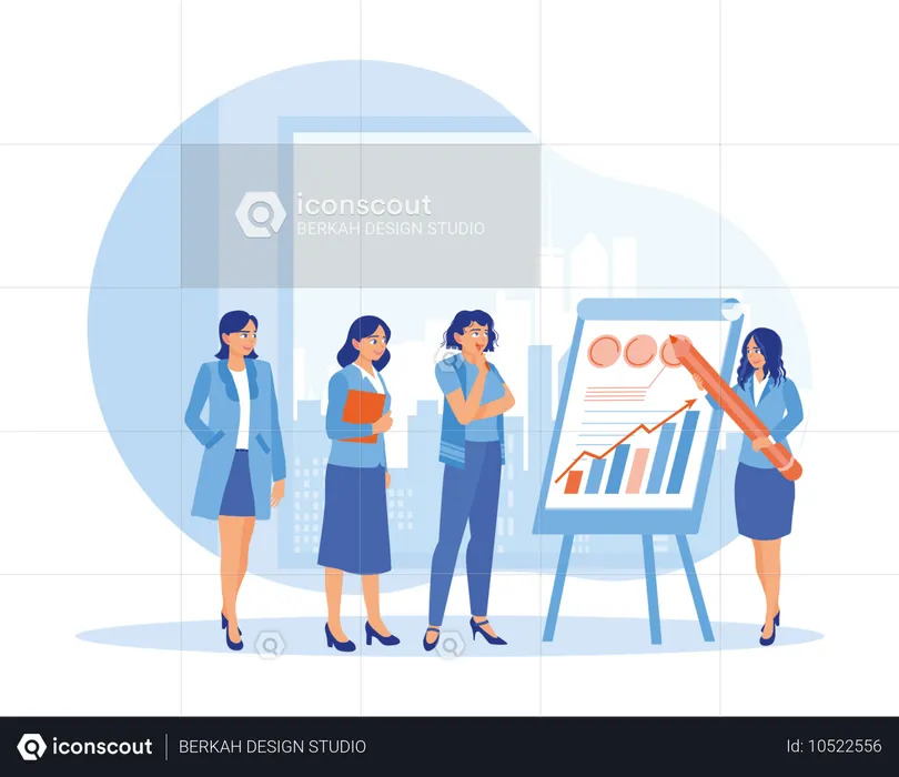 Female leader standing making flip chart presentation about business strategy  Illustration