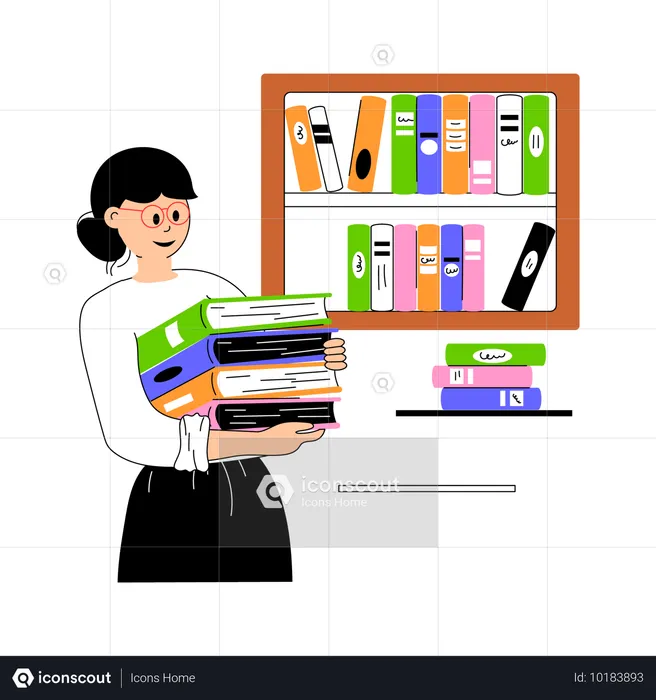 Female Librarian holding Book in Library  Illustration