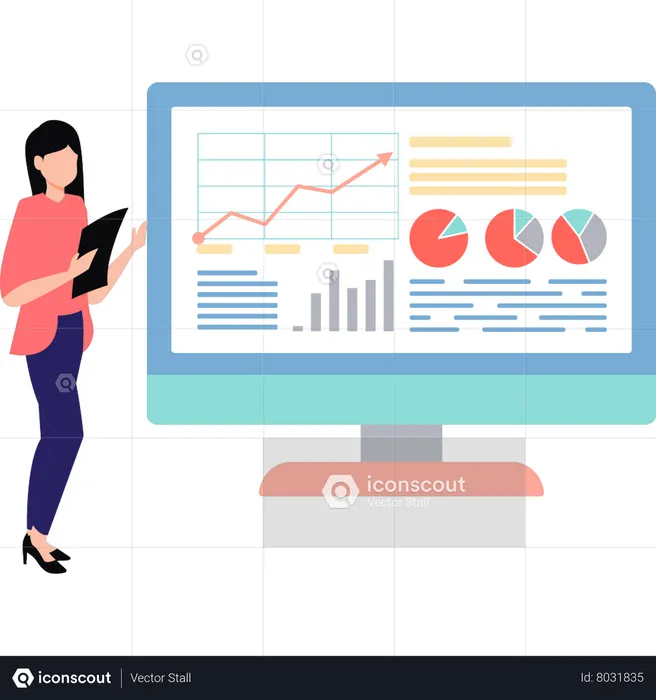 Female looking at graph on monitor  Illustration
