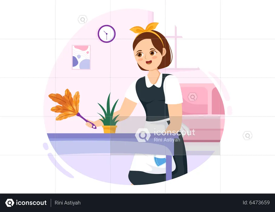 Female maid dusting table  Illustration