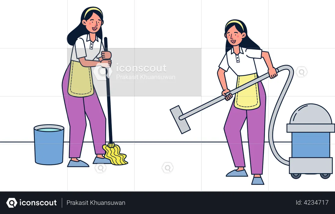 Female maid vacuuming and mopping floor  Illustration