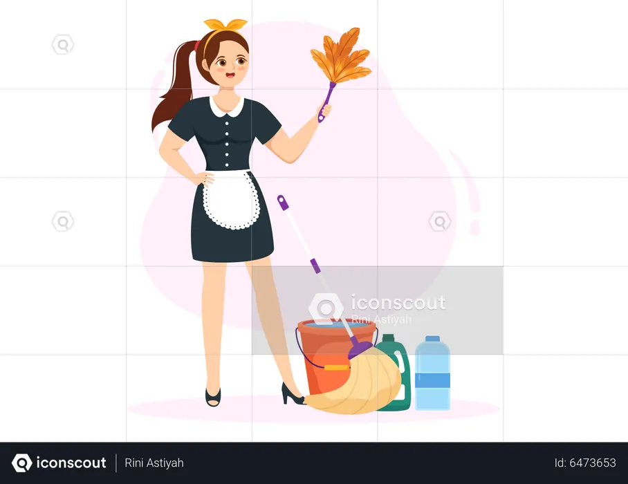 Female maid with duster  Illustration