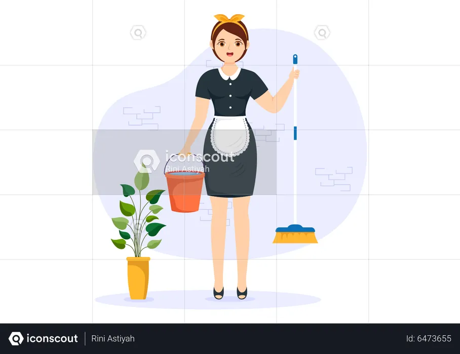 Female maid with mop and bucket  Illustration